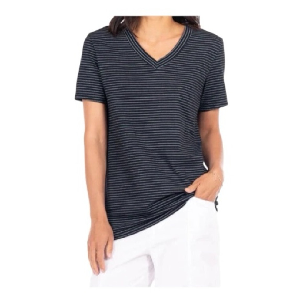 Fresh Produce Allure Black and Gray Pinstripe Jersey V-Neck Tee